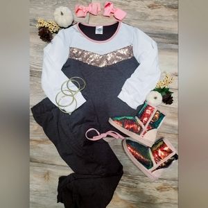 Beautiful Sequin,pink, white, & Grey Long sleeve top with matching Grey pants